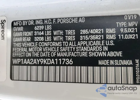 2019 Porsche Cayenne из США, поврежденный, VIN WP1AA2AY9KDA11736